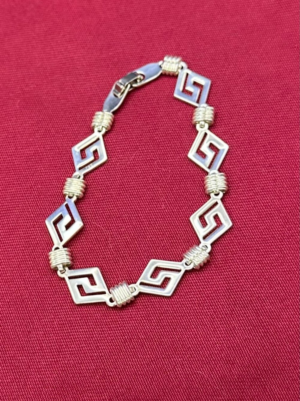 Sterling Silver Rhombus Greek Key Link Bracelet